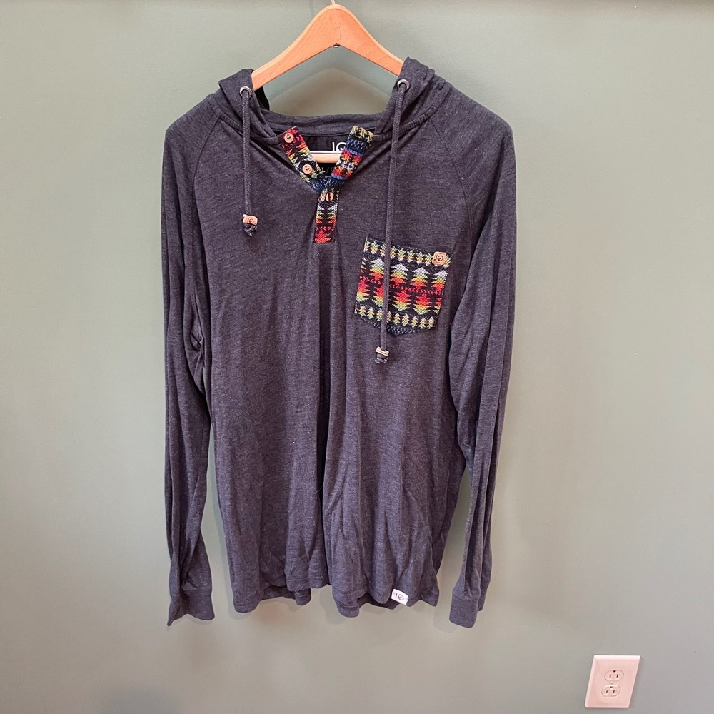 Tentree Mens Graphic Pocket Hoodie Dark Gray Long Sleeve Size L
